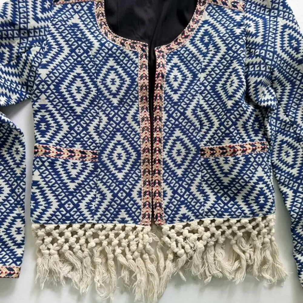 Tularosa Revolve Sante Fe Tapestry Jacket Fringe Diamondback Blue Cream Sz Small